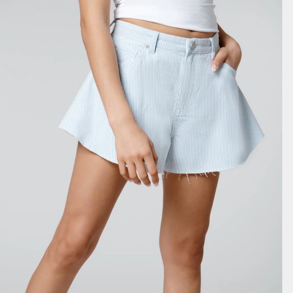 NWT Blank NYC Keeps Cool Shorts Baby Blue White Railroad Stripes Flare Women 25